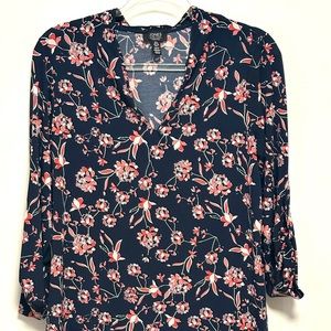 Jones New York Pink and Blue Buttoned Blouse with Notched Collar